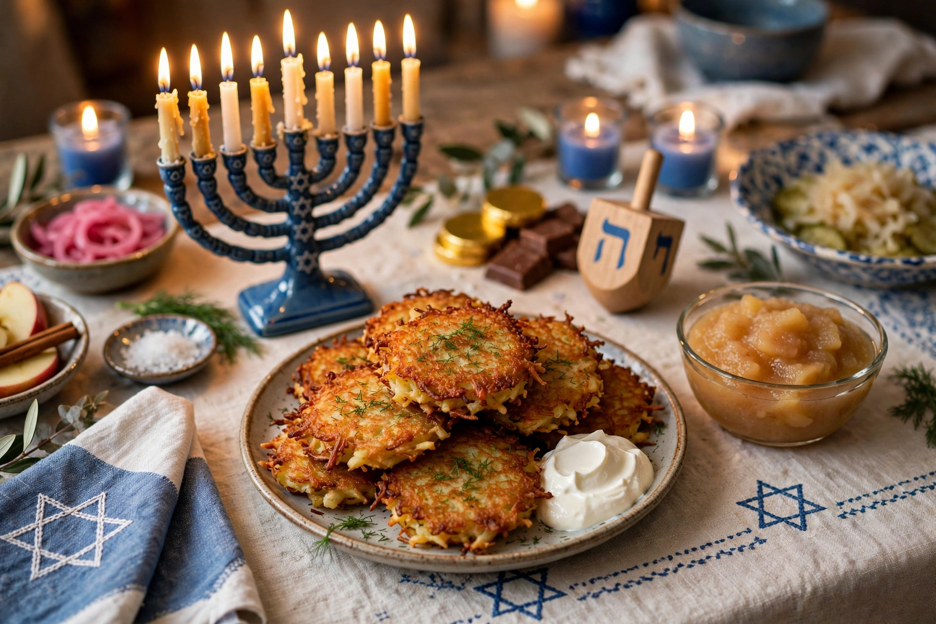 Vegetarian Hanukkah feast spread