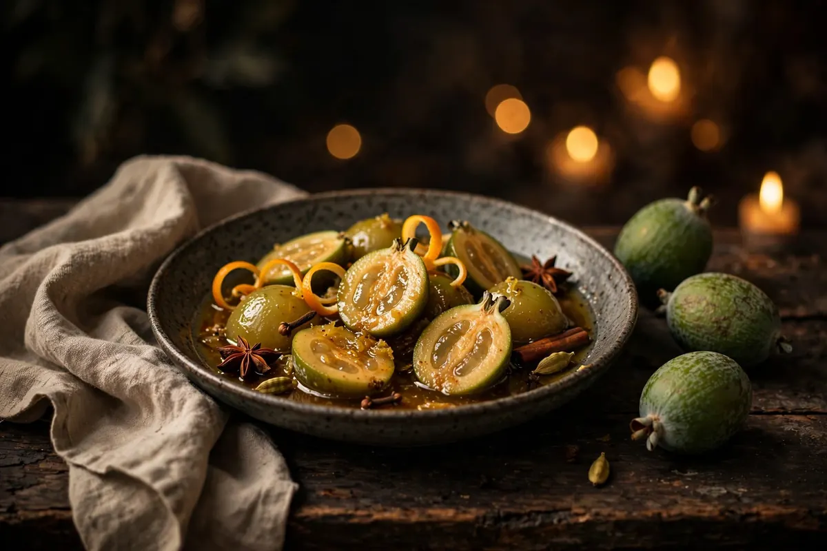 Poached Feijoas in Spiced Citrus Syrup