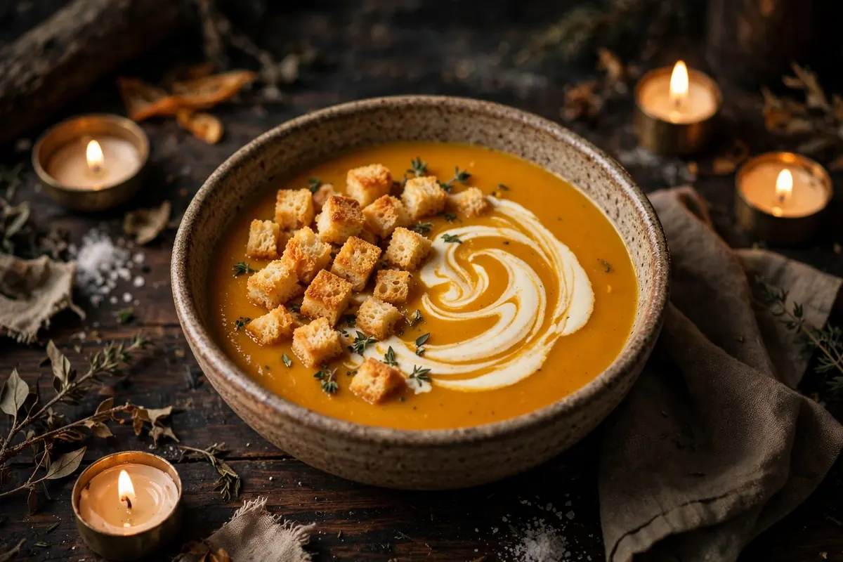 Roast Pumpkin and Kūmara Soup with Rewena Croutons