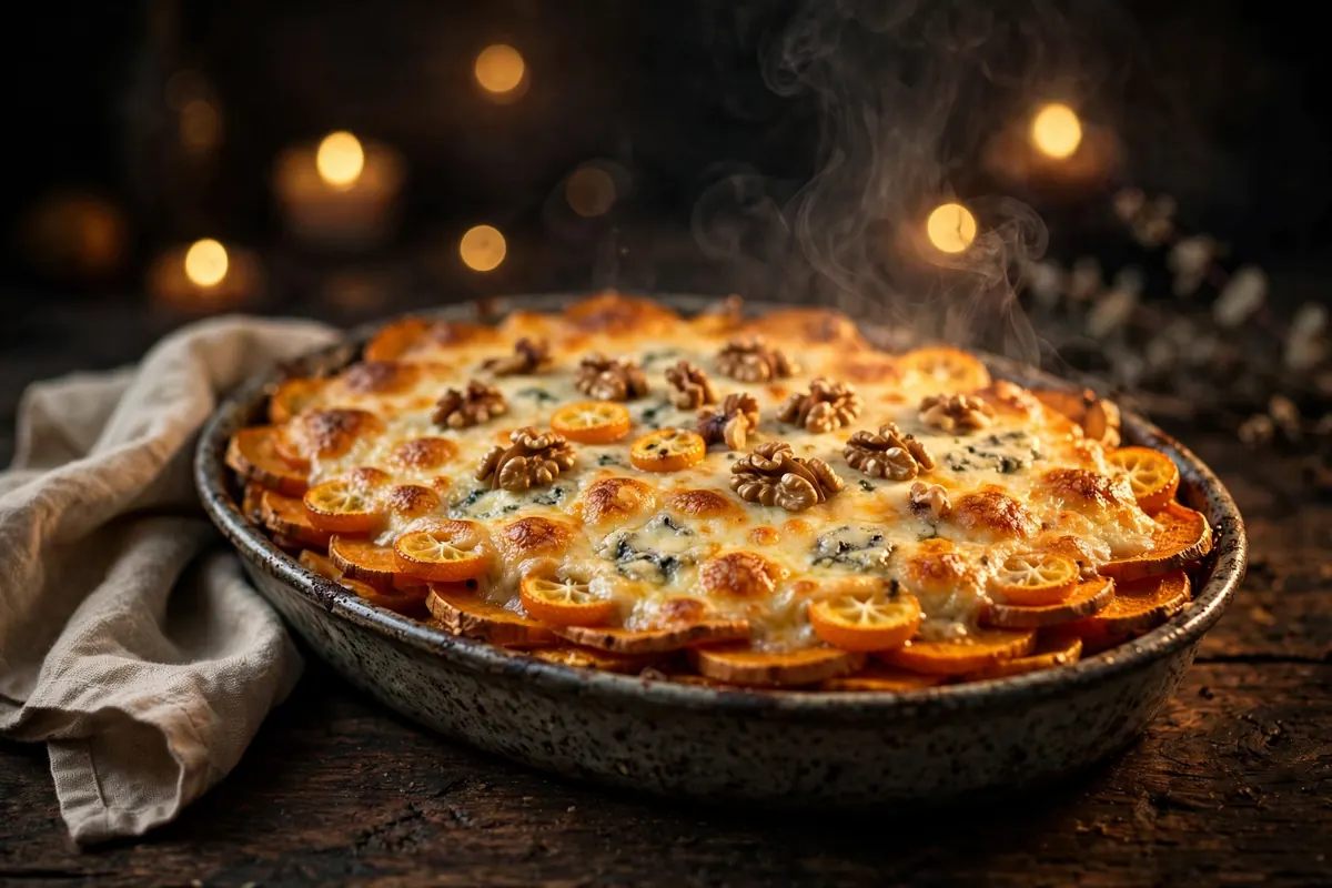 Slow-Roast Kūmara and Pumpkin Gratin with Blue Cheese and Walnuts